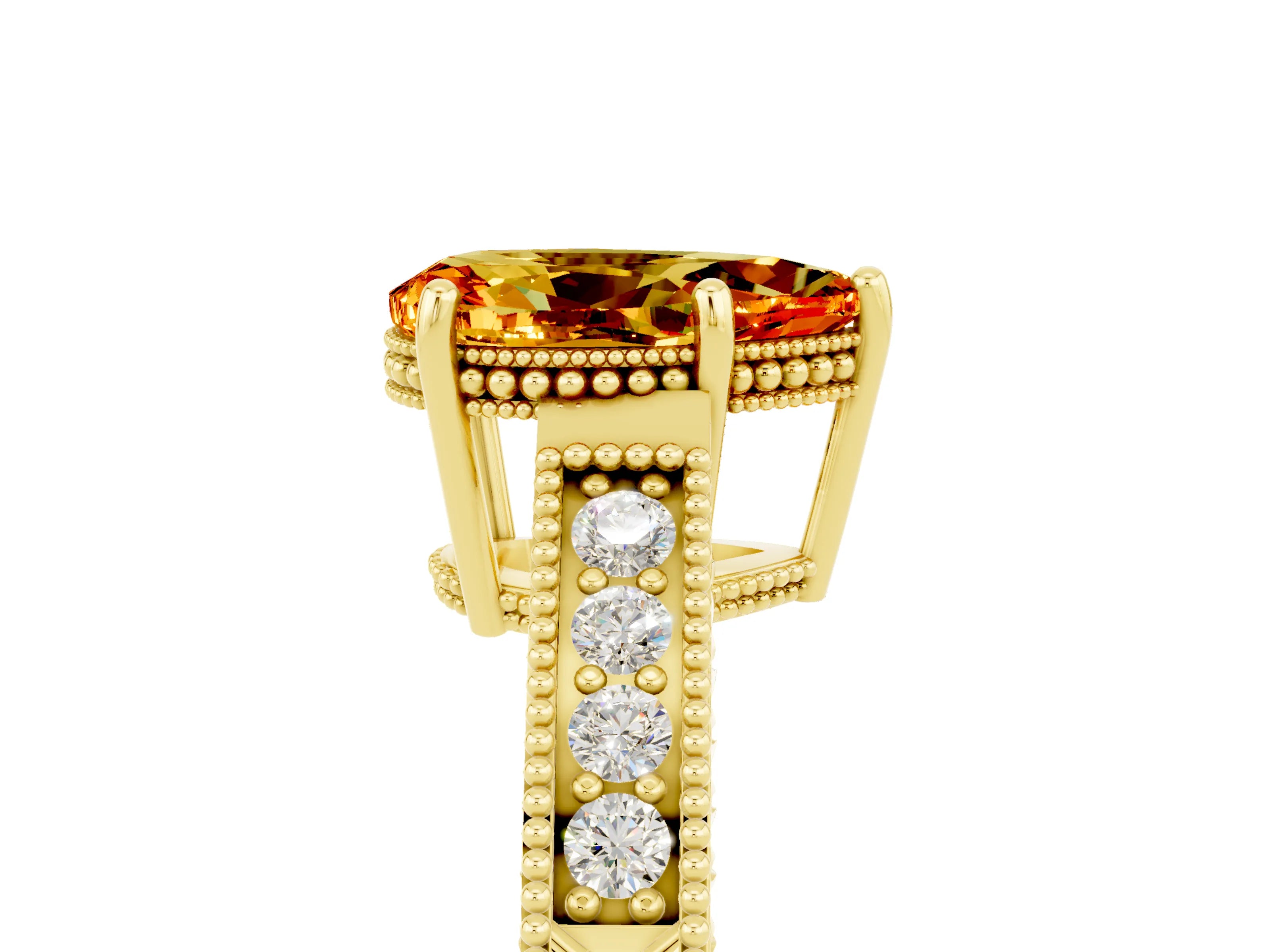 Yellow gold Pear Cut Citrine Ring with Milgrain Pavé Band and Four-Prong Setting_35