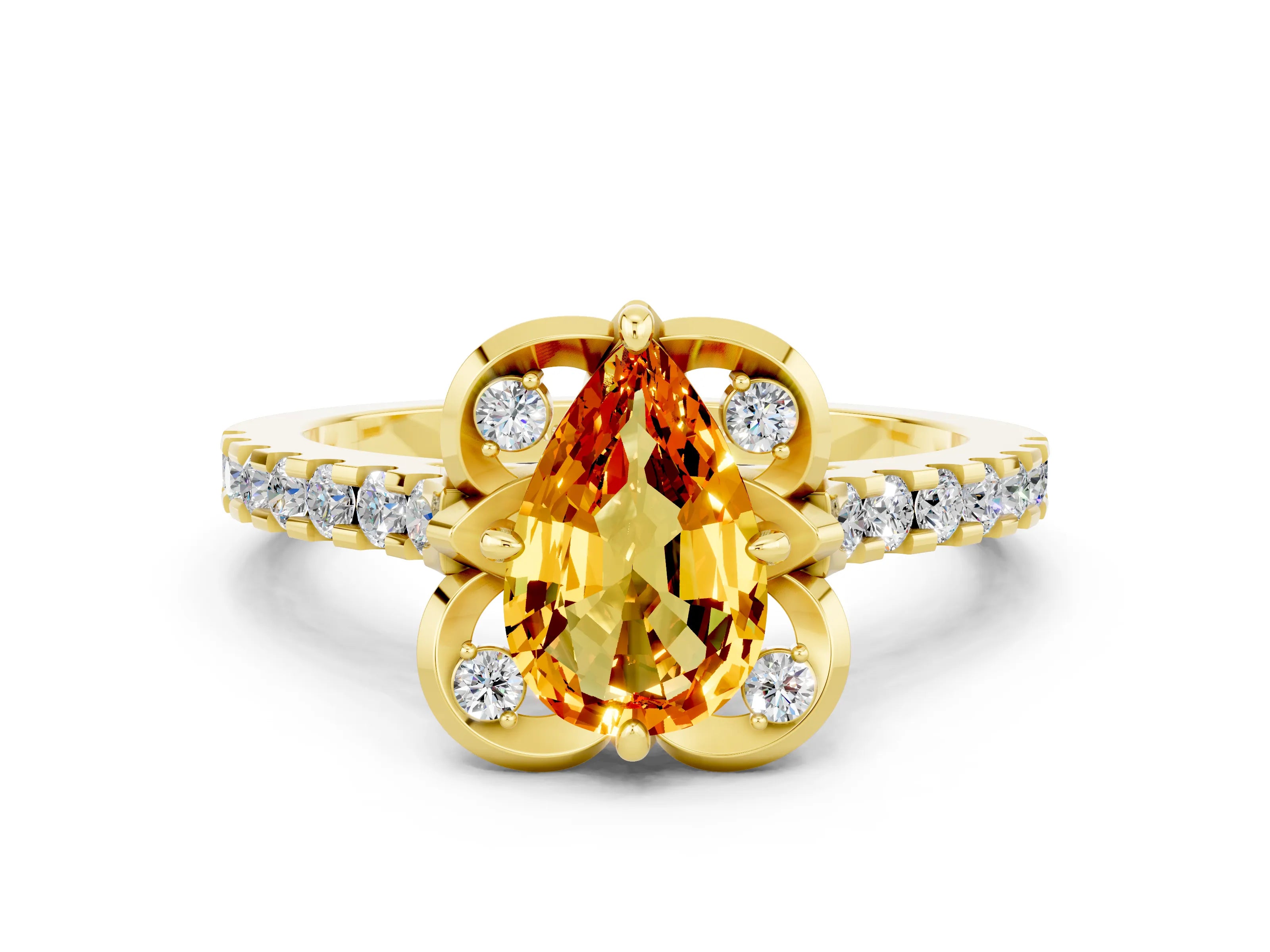 Yellow gold Pear Cut Citrine Ring with Pavé Band and Floral Prong Setting