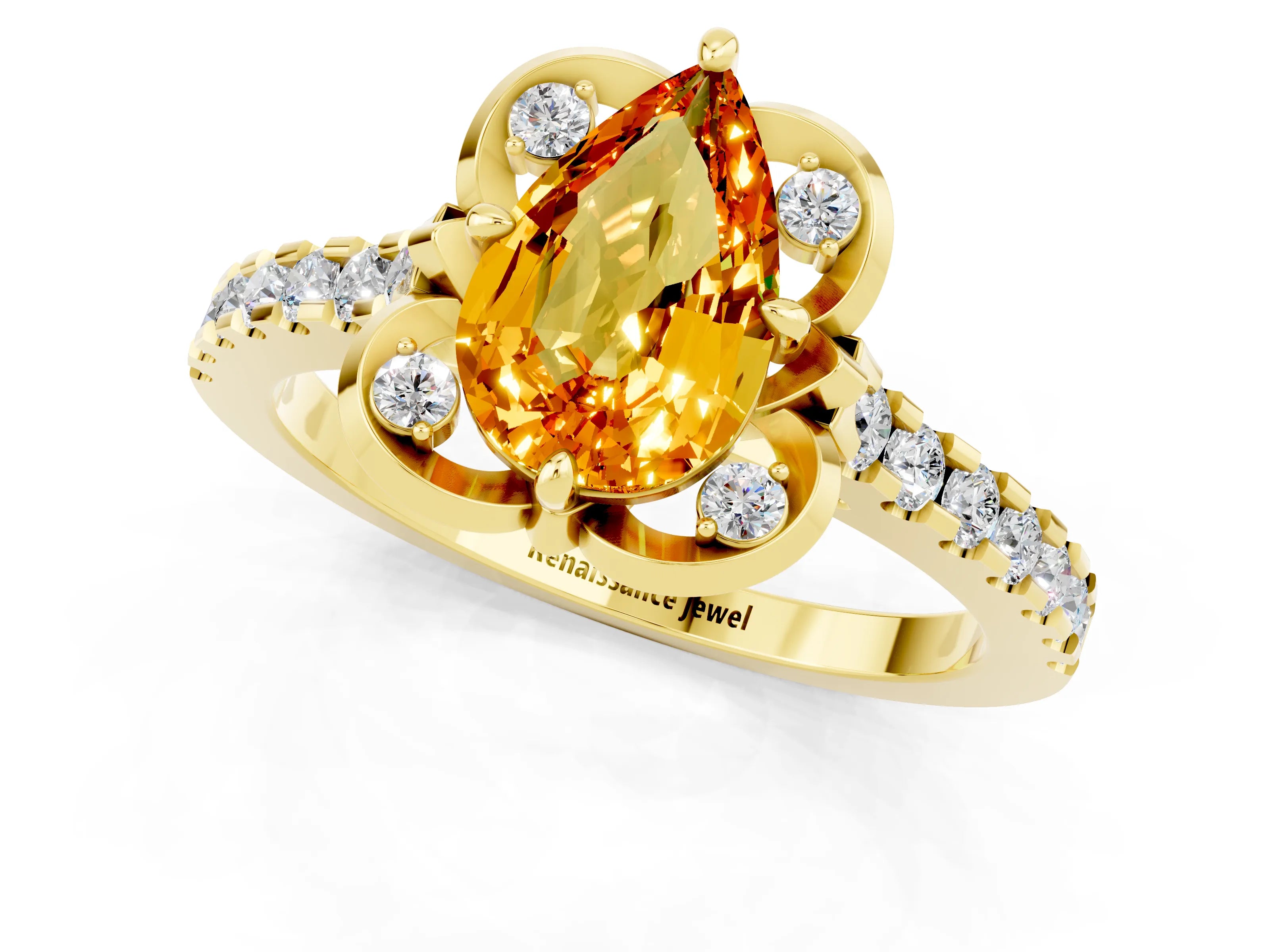 Yellow gold Pear Cut Citrine Ring with Pavé Band and Floral Prong Setting_1