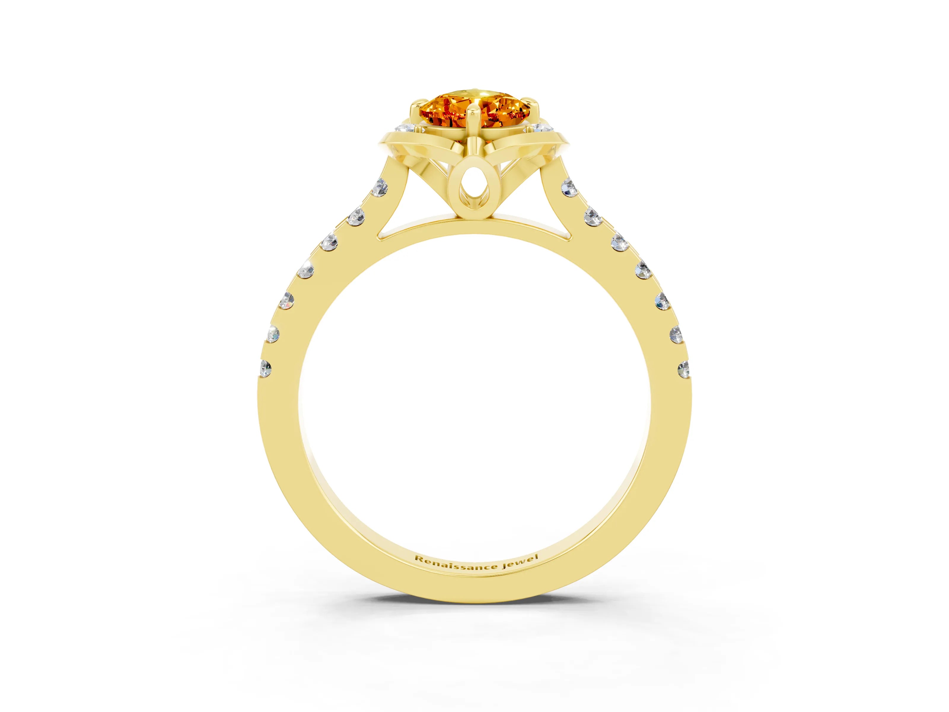 Yellow gold Pear Cut Citrine Ring with Pavé Band and Floral Prong Setting_3