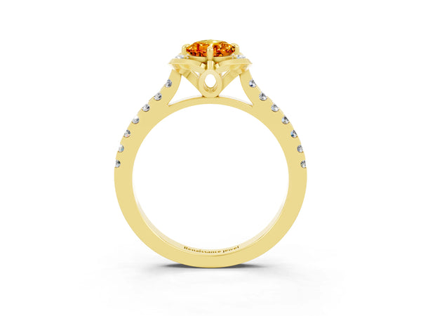 Yellow gold Pear Cut Citrine Ring with Pavé Band and Floral Prong Setting