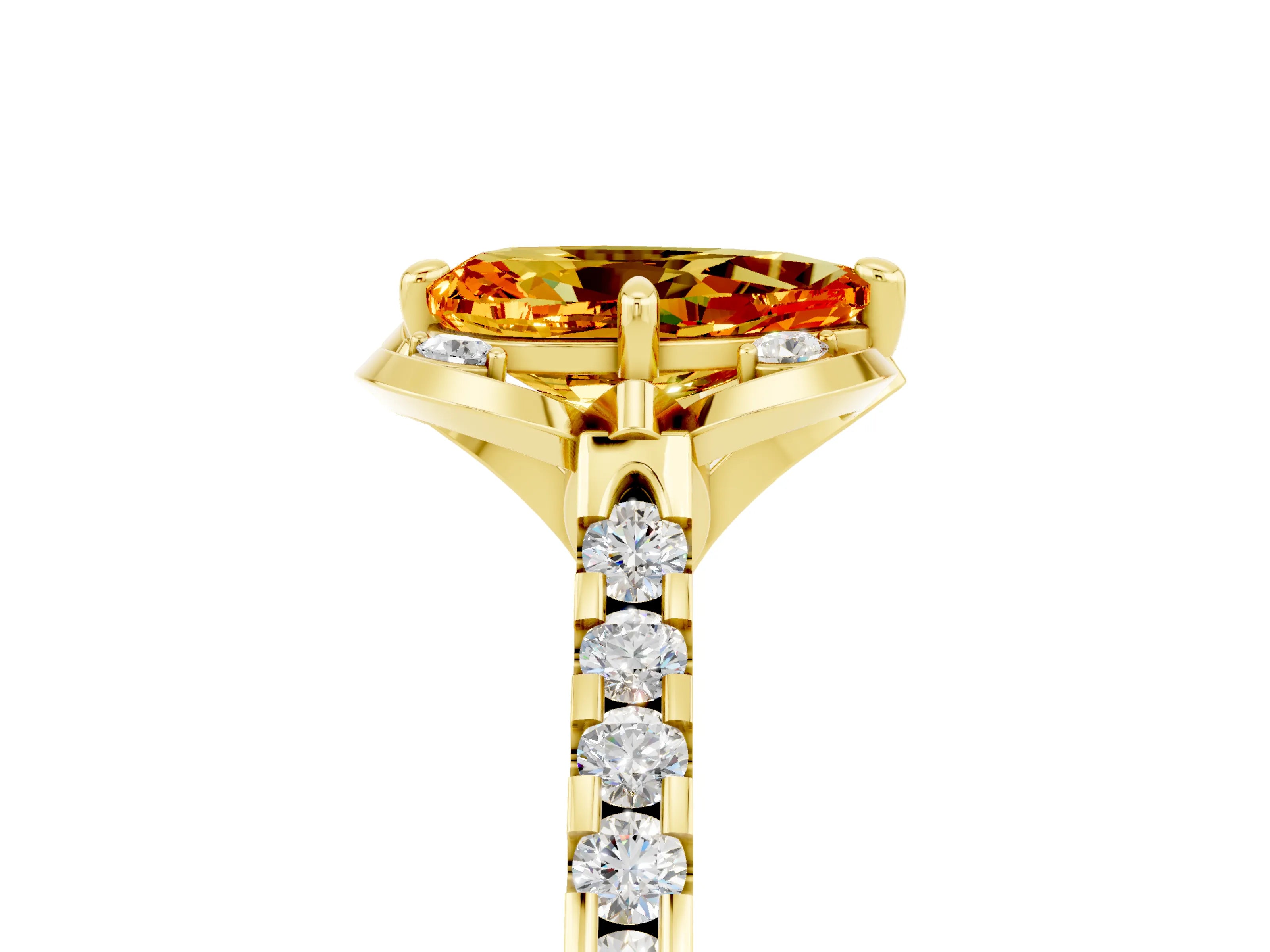 Yellow gold Pear Cut Citrine Ring with Pavé Band and Floral Prong Setting_5