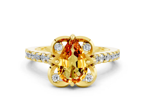Yellow gold Pear Cut Citrine Ring with Pavé Band and Floral Prong Setting