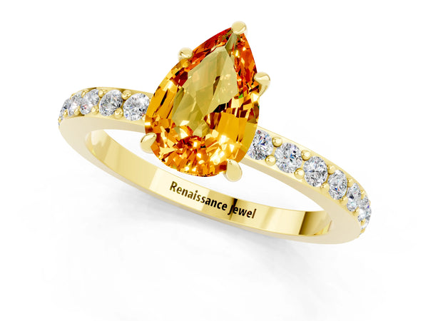 Yellow gold Pear Cut Citrine Pavé Engagement Ring with Round  Accents and Prong Setting
