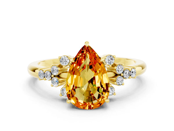 Yellow gold Pear Cut Citrine Ring with Side Stones and Four-Prong Setting