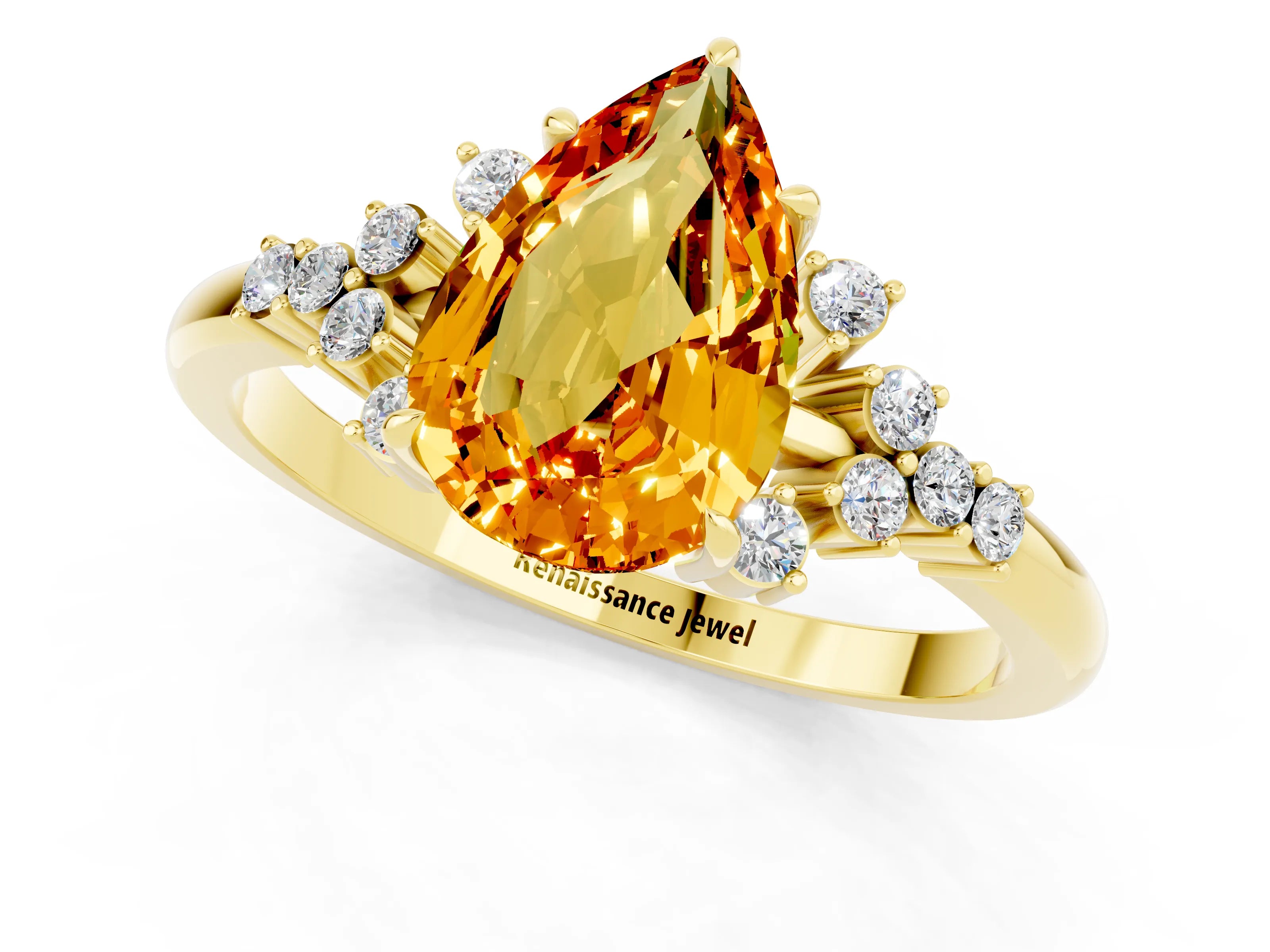 Yellow gold Pear Cut Citrine Ring with Side Stones and Four-Prong Setting_37