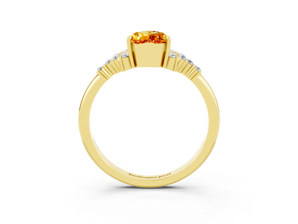 Yellow gold Pear Cut Citrine Ring with Side Stones and Four-Prong Setting