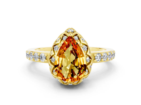 Yellow gold Pear Cut Citrine Scalloped Halo Engagement Ring with Round Shared Prong Band