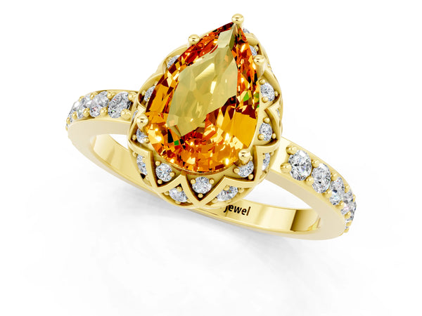 Yellow gold Pear Cut Citrine Scalloped Halo Engagement Ring with Round Shared Prong Band