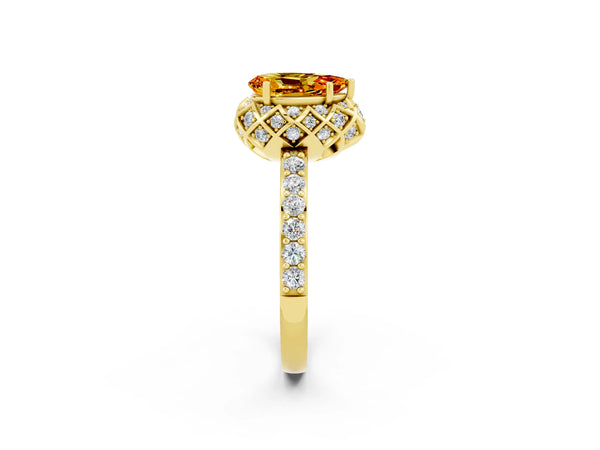 Yellow gold Pear Cut Citrine Scalloped Halo Engagement Ring with Round Shared Prong Band