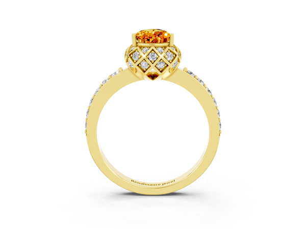 Yellow gold Pear Cut Citrine Scalloped Halo Engagement Ring with Round Shared Prong Band