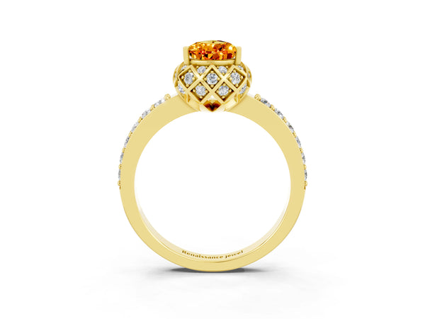 Yellow gold Pear Cut Citrine Scalloped Halo Engagement Ring with Round Shared Prong Band