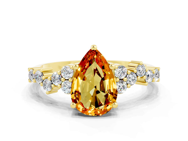 Yellow gold Pear Cut Citrine Scattered Round Accent Ring with Prong Setting