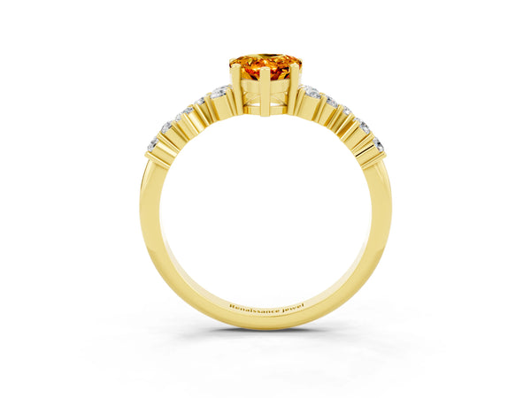 Yellow gold Pear Cut Citrine Scattered Round Accent Ring with Prong Setting