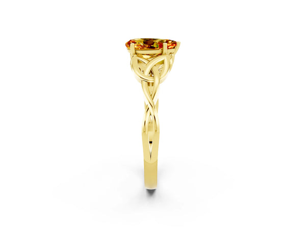 Yellow gold Pear Cut Citrine Solitaire Celtic Knot Ring with Four-Prong Setting