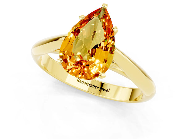 Yellow gold Pear Cut Citrine Solitaire Engagement Ring with Cathedral Setting and Four-Prong Mount