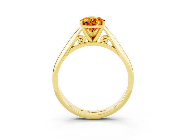 Yellow gold Pear Cut Citrine Solitaire Engagement Ring with Cathedral Setting and Four-Prong Mount