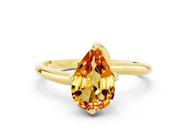 Yellow gold Pear Cut Citrine Solitaire Engagement Ring with Four-Prong Setting and Classic Band