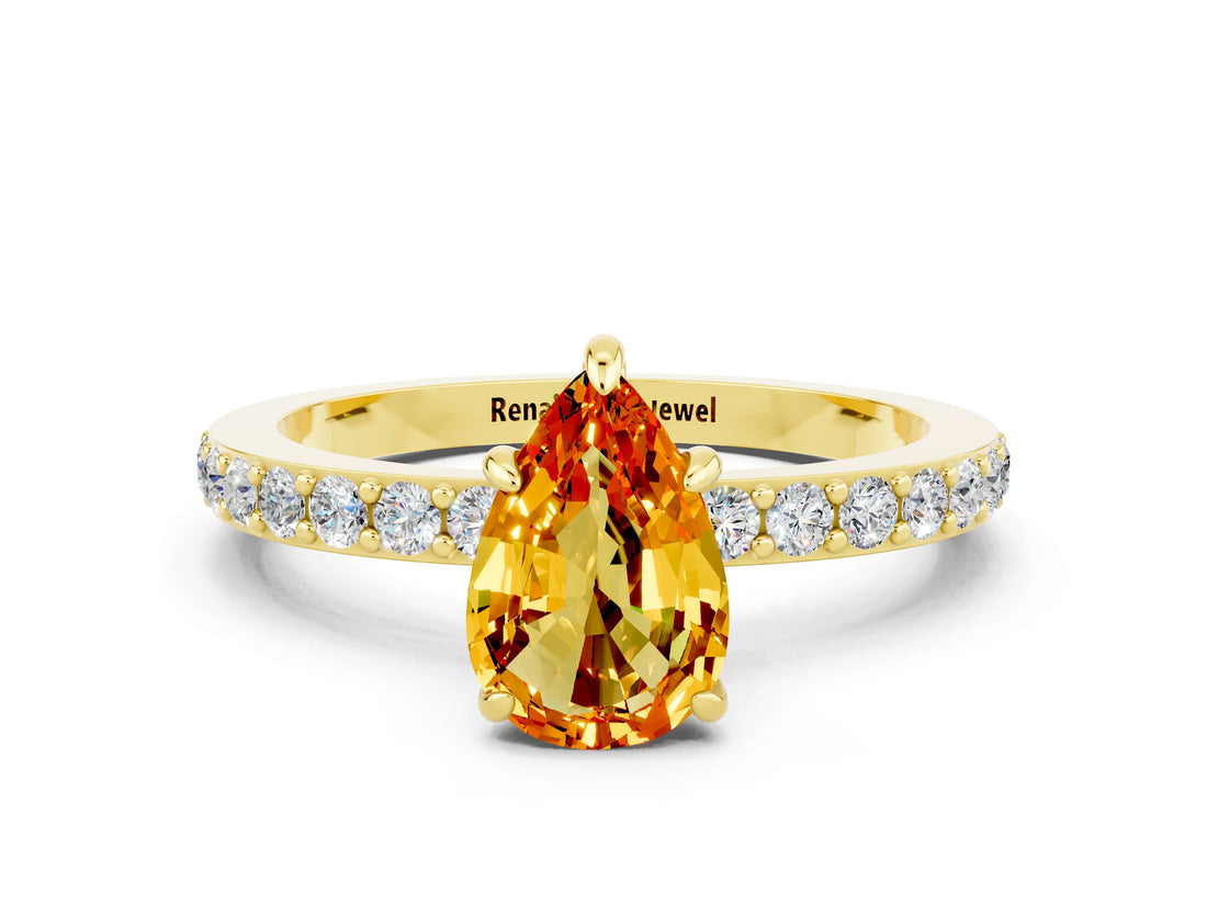 Yellow gold Pear Cut Citrine Solitaire Engagement Ring with Pavé Band and Four-Prong Setting