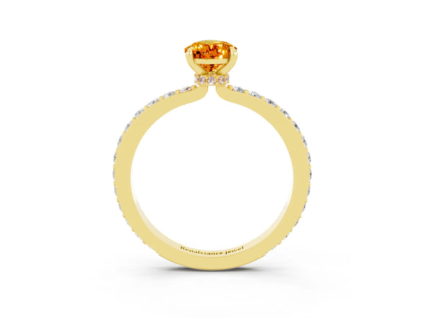 Yellow gold Pear Cut Citrine Solitaire Engagement Ring with Pavé Band and Four-Prong Setting