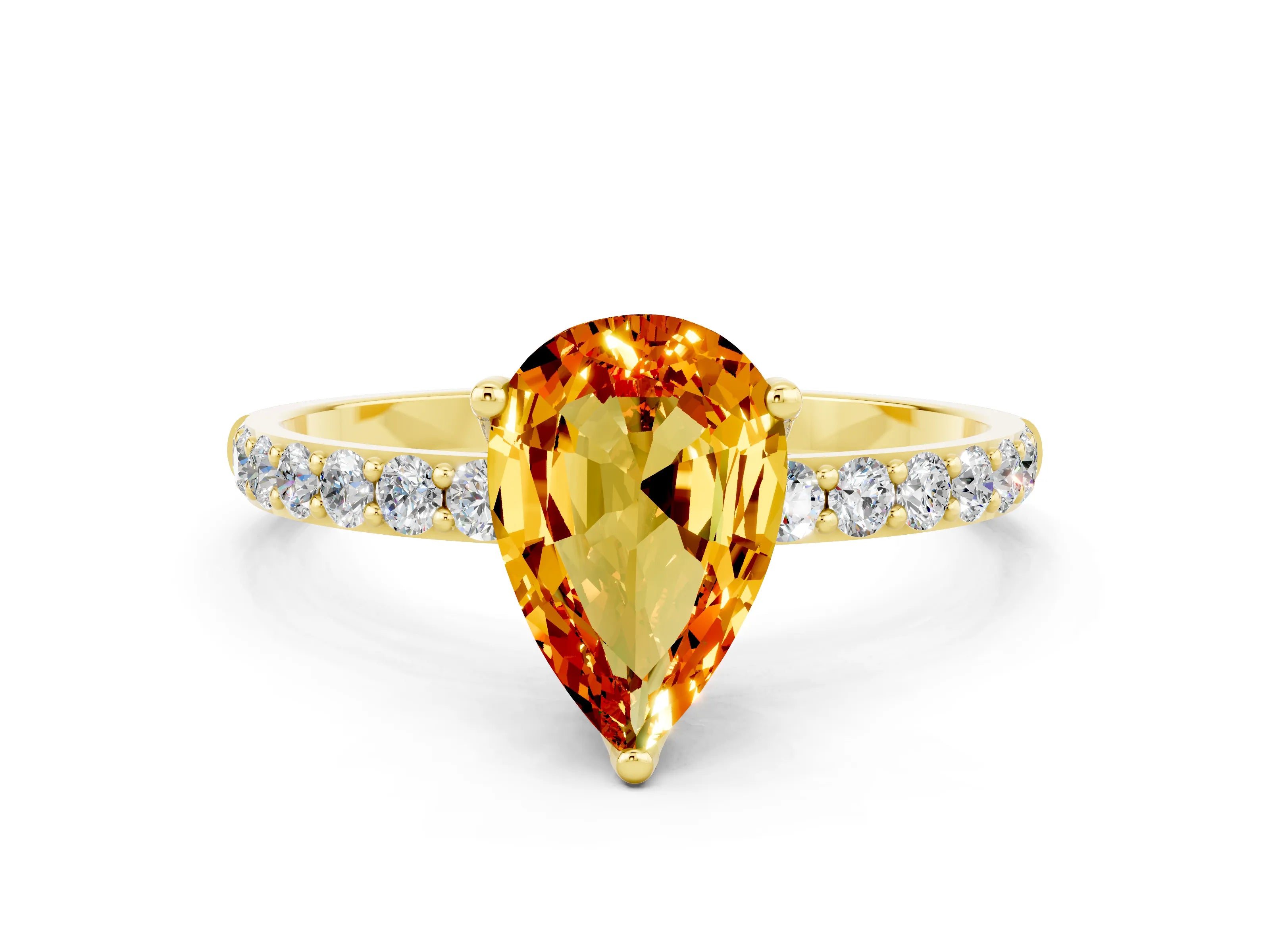 Yellow gold Pear Cut Citrine Solitaire Engagement Ring with Pavé Band and Prong Setting