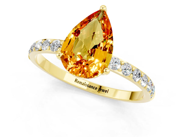 Yellow gold Pear Cut Citrine Solitaire Engagement Ring with Round  Pavé Band and Prong Setting