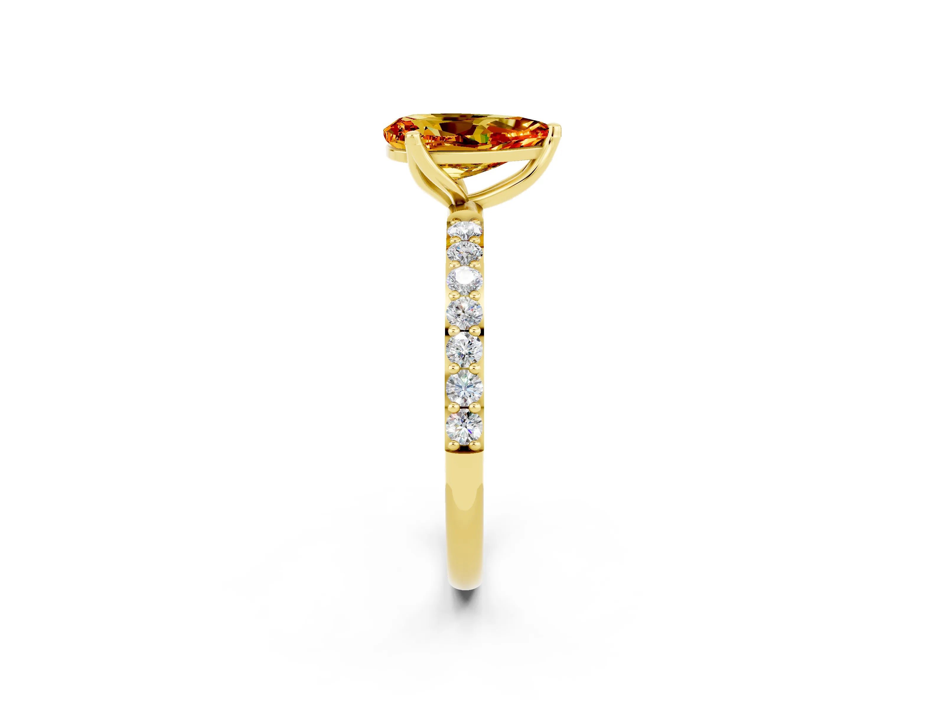 Yellow gold Pear Cut Citrine Solitaire Engagement Ring with Pavé Band and Prong Setting_2