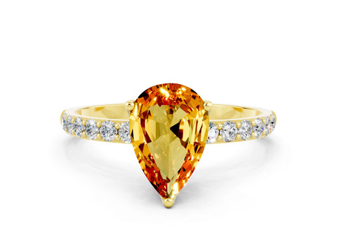 Yellow gold Pear Cut Citrine Solitaire Engagement Ring with Pavé Band and Prong Setting