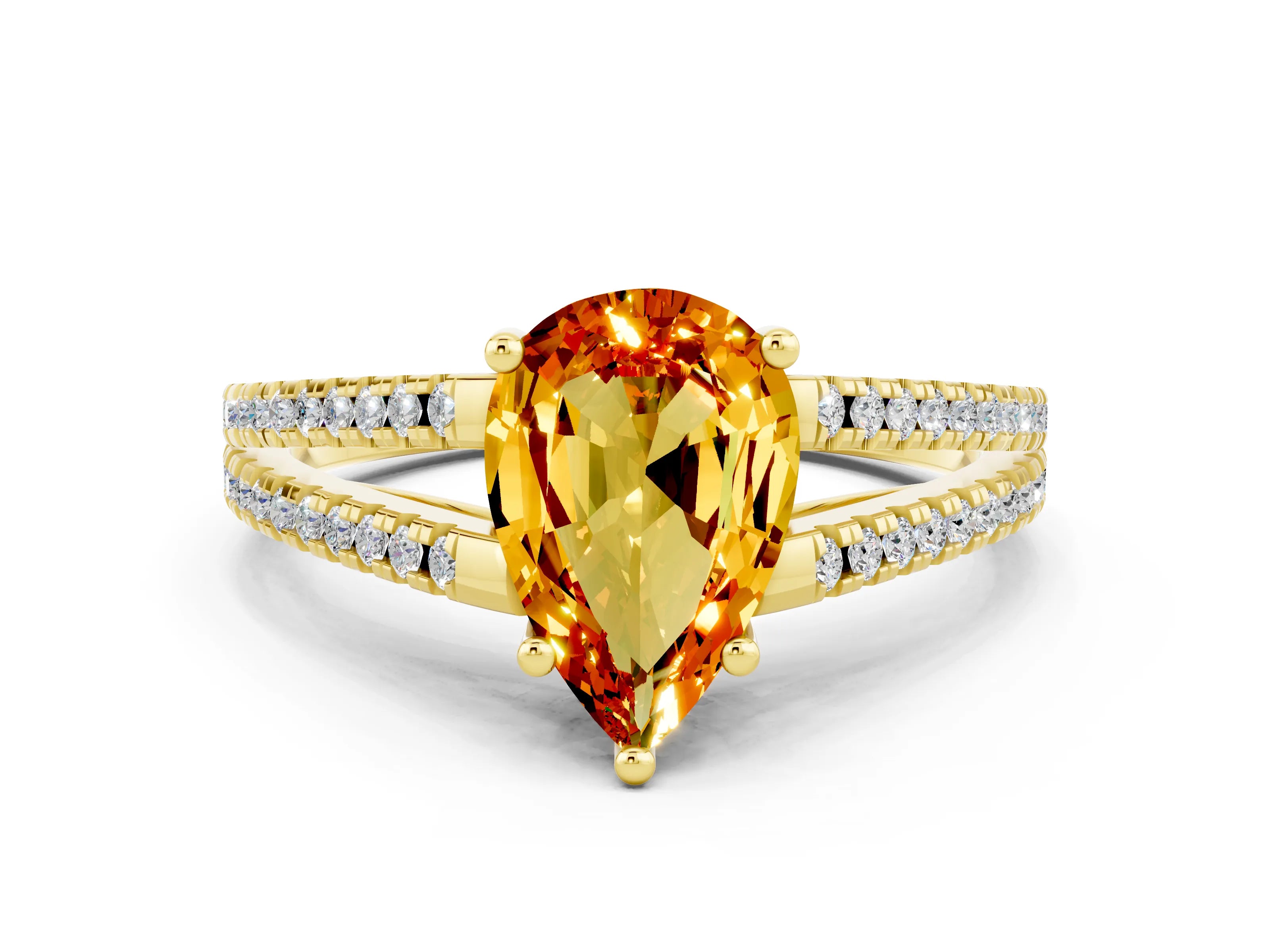 Yellow gold Pear Cut Citrine Solitaire Engagement Ring with Split Shank Pavé Band