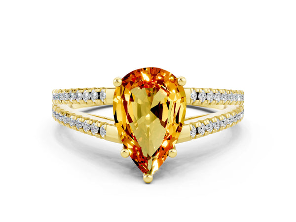Yellow gold Pear Cut Citrine Solitaire Engagement Ring with Split Shank Pavé Band