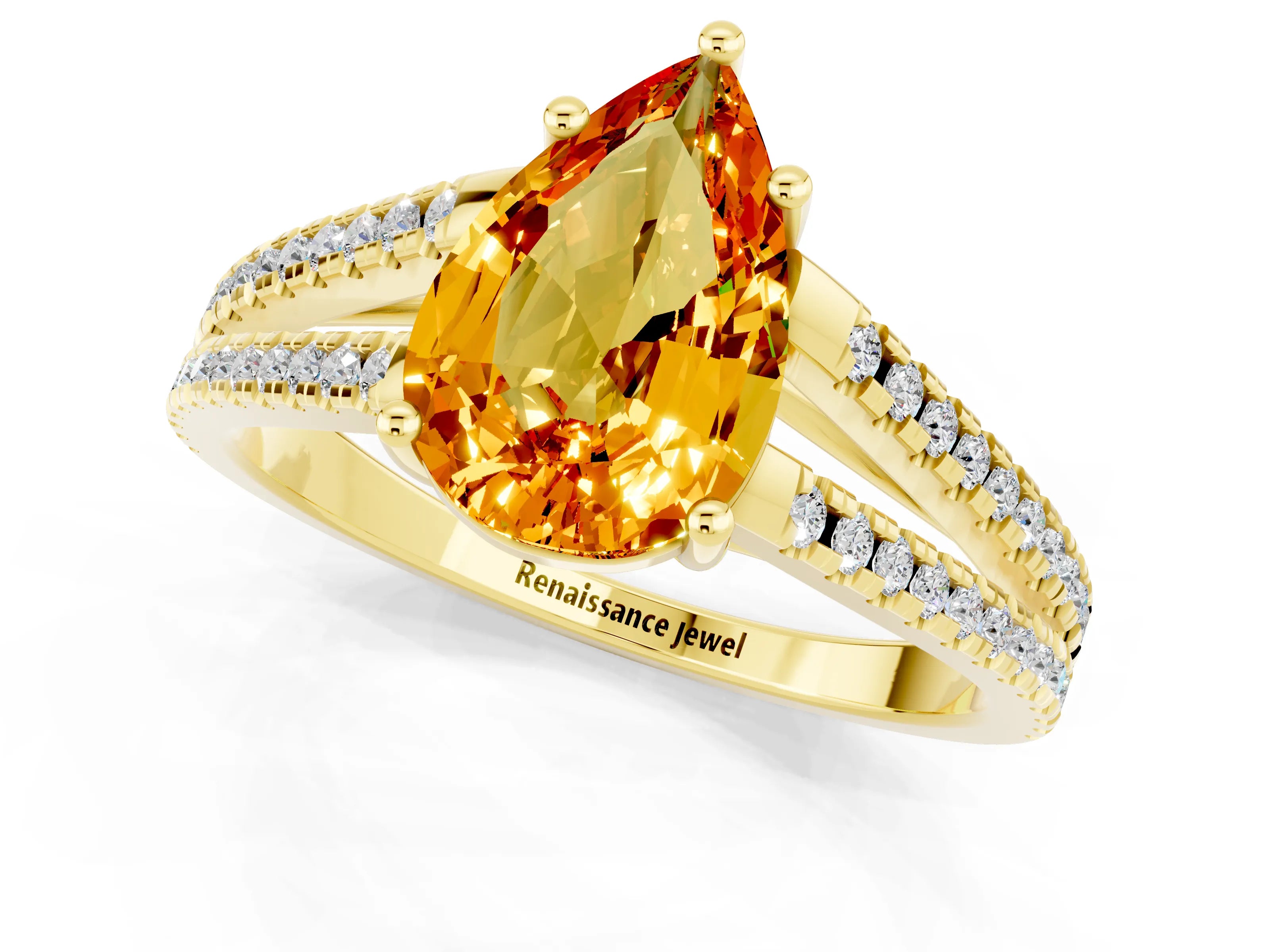 Yellow gold Pear Cut Citrine Solitaire Engagement Ring with Split Shank Pavé Band_1