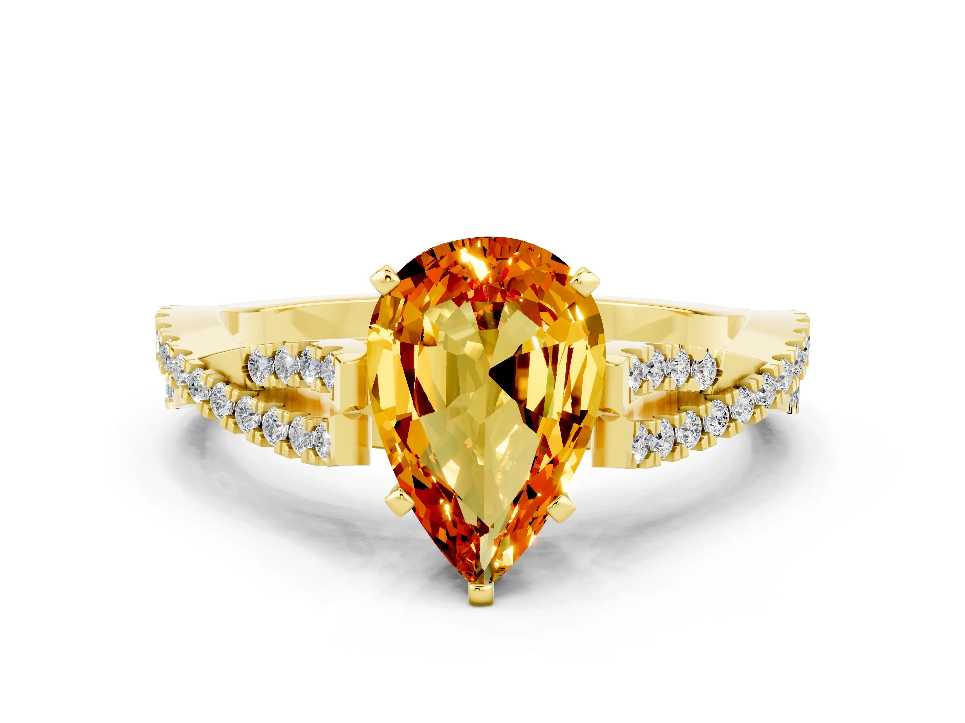 Yellow gold Pear Cut Citrine Solitaire Engagement Ring with Twisted Pavé Band and Four-Prong Setting