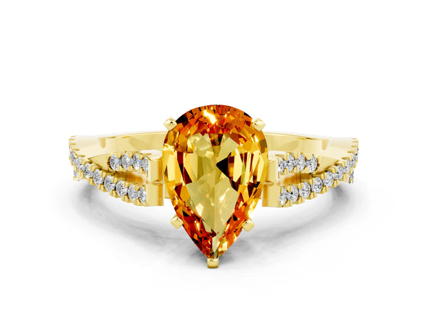 Yellow gold Pear Cut Citrine Solitaire Engagement Ring with Twisted Pavé Band and Four-Prong Setting