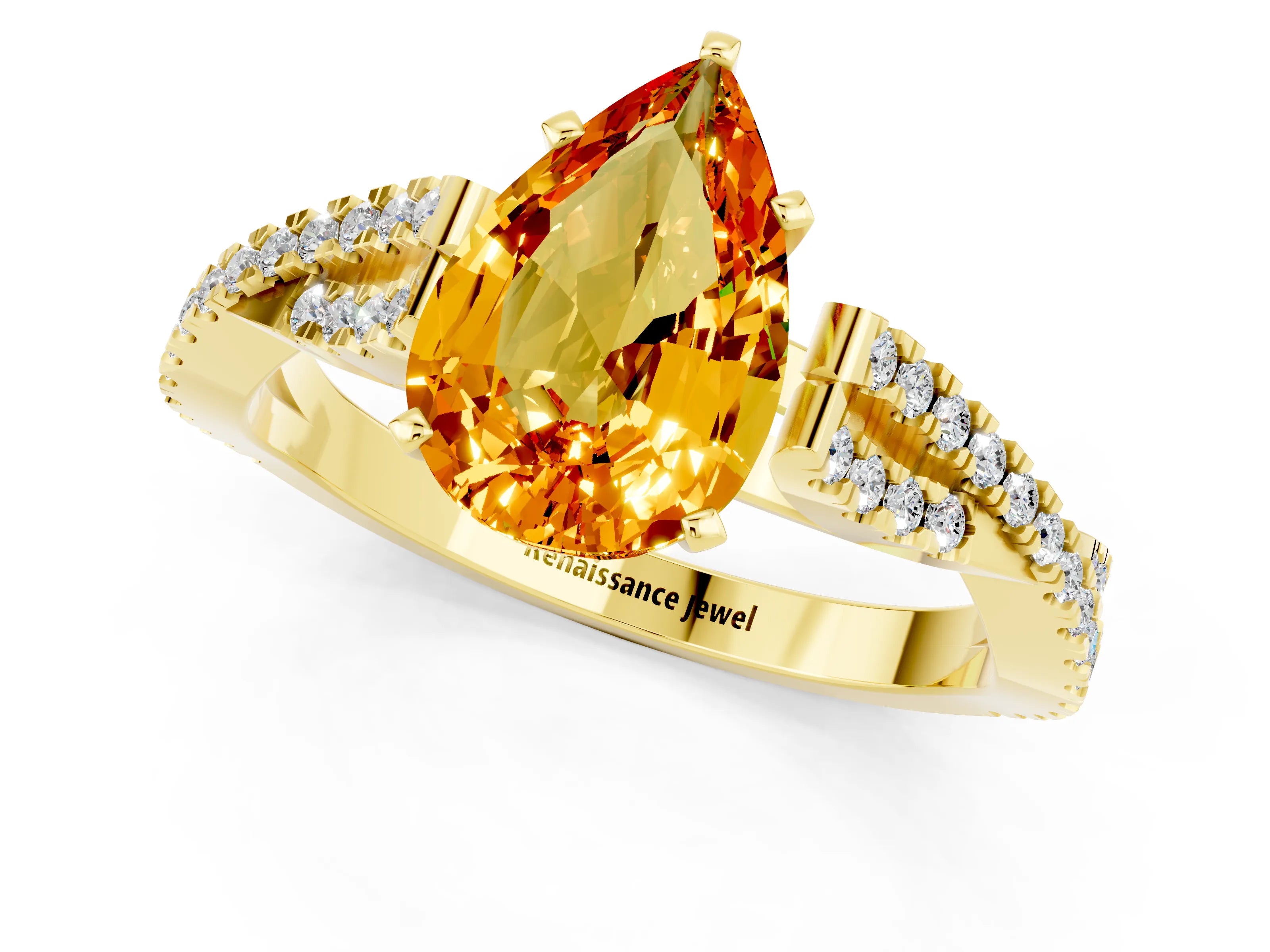 Yellow gold Pear Cut Citrine Solitaire Engagement Ring with Twisted Pavé Band and Four-Prong Setting_1