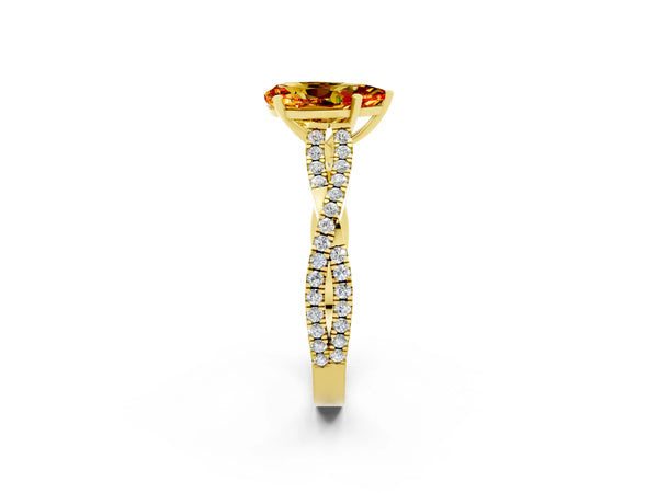 Yellow gold Pear Cut Citrine Solitaire Engagement Ring with Twisted Pavé Band and Four-Prong Setting