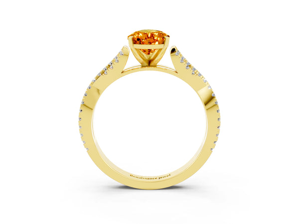 Yellow gold Pear Cut Citrine Solitaire Engagement Ring with Twisted Pavé Band and Four-Prong Setting
