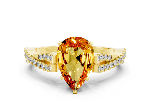 Yellow gold Pear Cut Citrine Solitaire Engagement Ring with Twisted Pavé Band and Four-Prong Setting