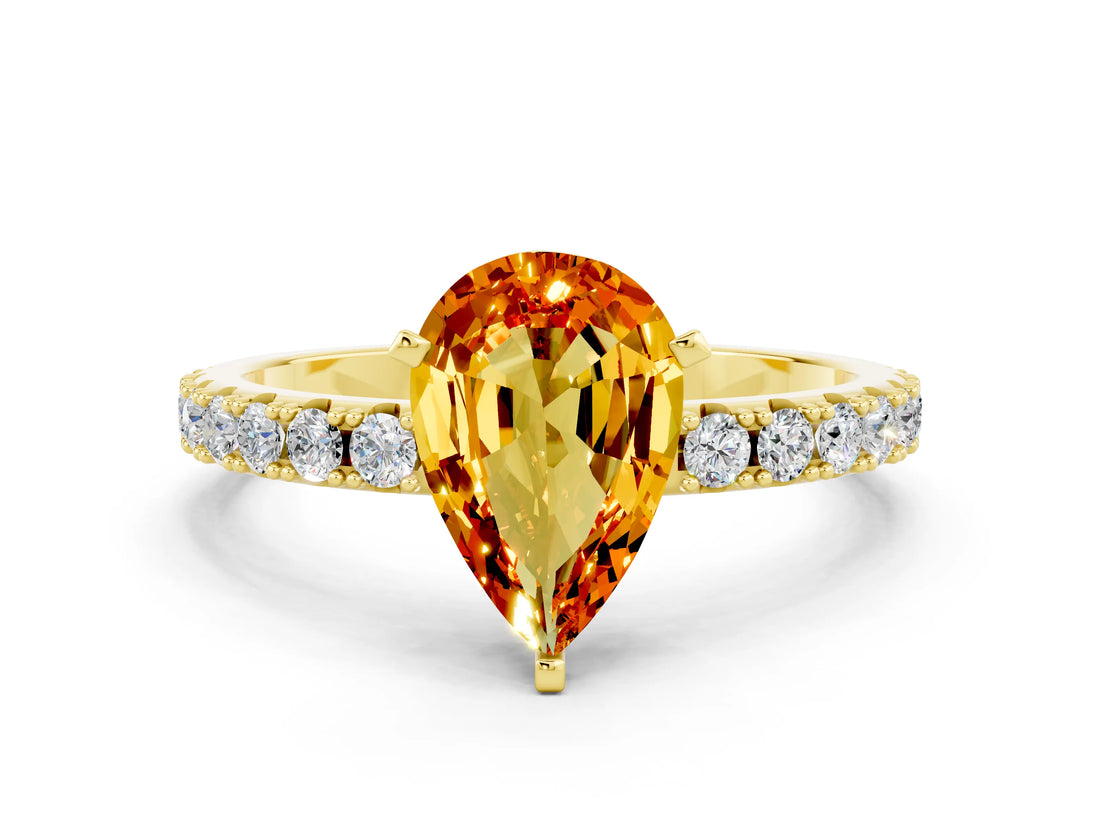 Yellow gold Pear Cut Citrine Solitaire Pavé Band with Four-Prong Setting