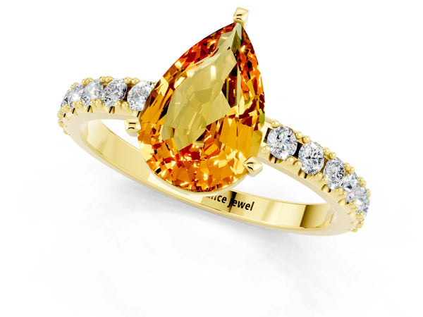 Yellow gold Pear Cut Citrine Solitaire Pavé Band with Four-Prong Setting