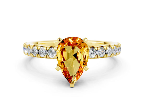 Yellow gold Pear Cut Citrine Solitaire Pavé Engagement Ring with Round Band and Prong Setting