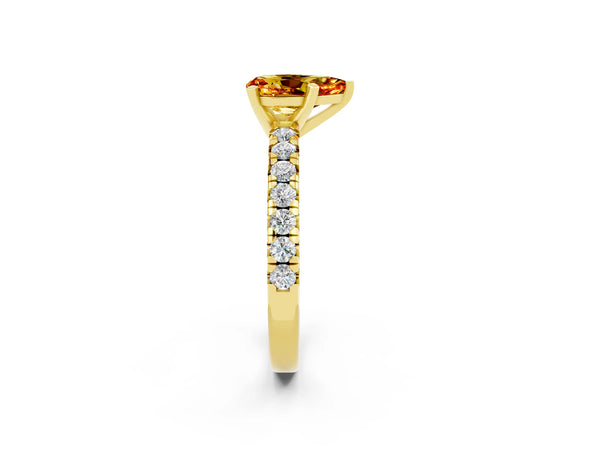 Yellow gold Pear Cut Citrine Solitaire Pavé Engagement Ring with Round Band and Prong Setting