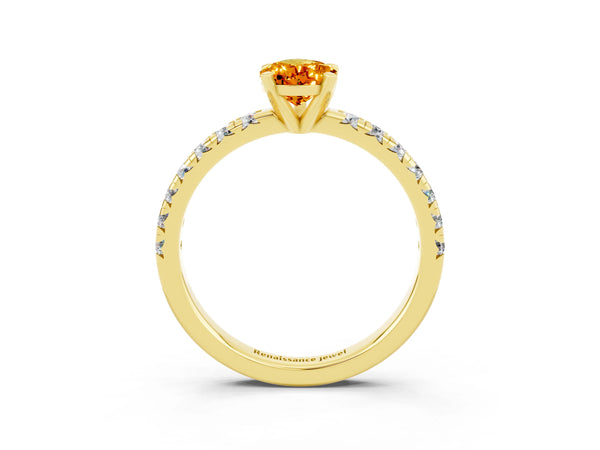 Yellow gold Pear Cut Citrine Solitaire Pavé Engagement Ring with Round Band and Prong Setting