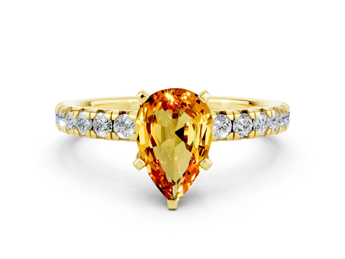 Yellow gold Pear Cut Citrine Solitaire Pavé Engagement Ring with Round Band and Prong Setting_66
