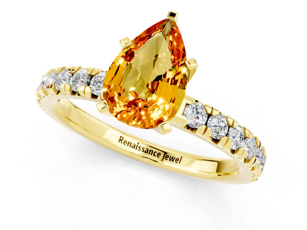 Yellow gold Pear Cut Citrine Solitaire Pavé Engagement Ring with Round Band and Prong Setting