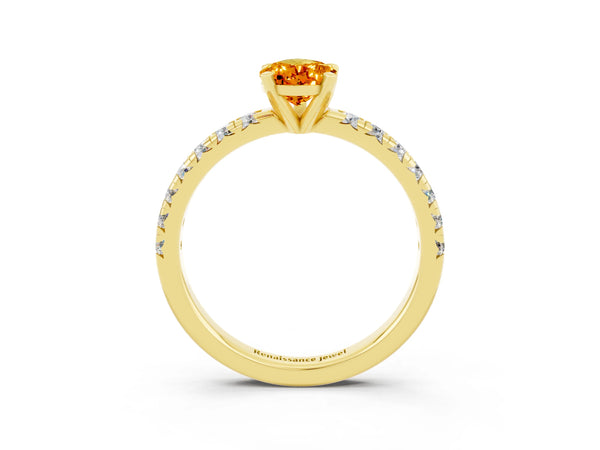 Yellow gold Pear Cut Citrine Solitaire Pavé Engagement Ring with Round Band and Prong Setting