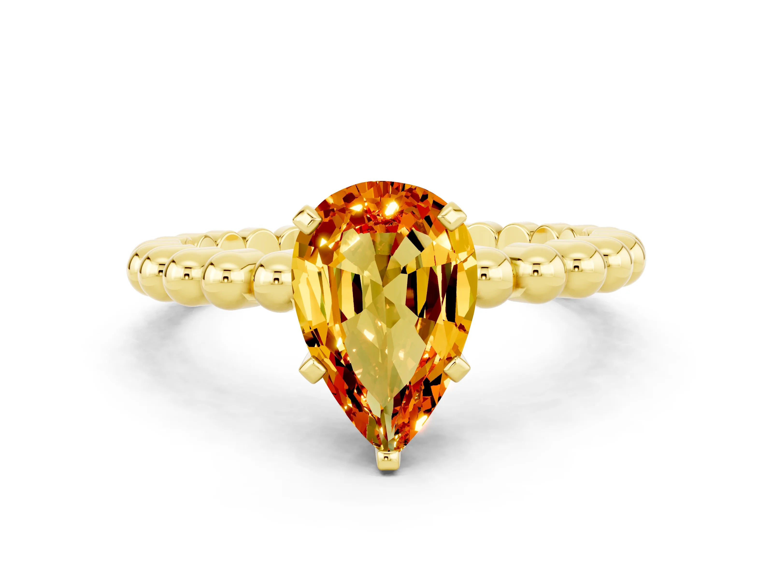 Yellow gold Pear Cut Citrine Solitaire Ring with Beaded Band and Prong Setting