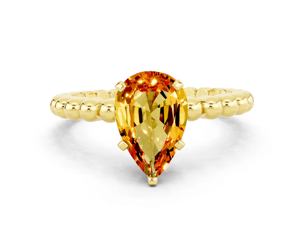 Yellow gold Pear Cut Citrine Solitaire Ring with Beaded Band and Prong Setting