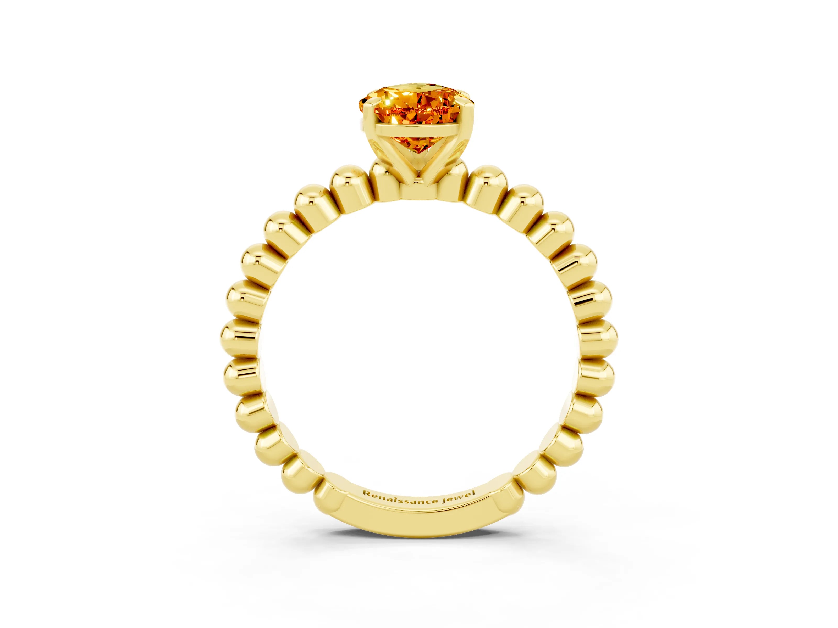 Yellow gold Pear Cut Citrine Solitaire Ring with Beaded Band and Prong Setting_3