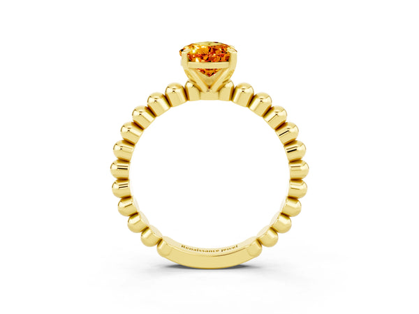 Yellow gold Pear Cut Citrine Solitaire Ring with Beaded Band and Prong Setting