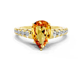 Yellow gold Pear Cut Citrine Solitaire Ring with Cathedral Setting and Pavé Band